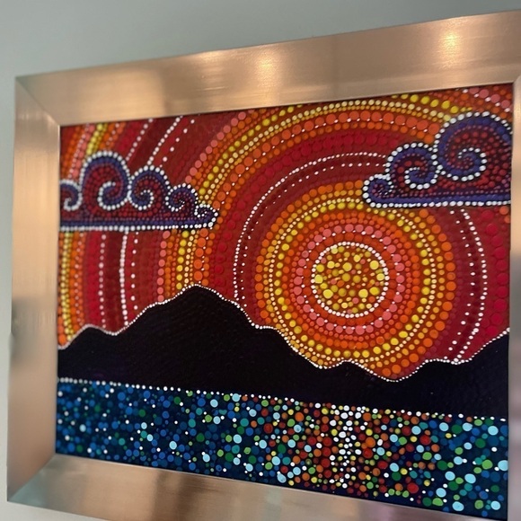 Gorgeous sunset/mountains dot mandala style painting in silver frame 10”X12” new - Picture 3 of 7